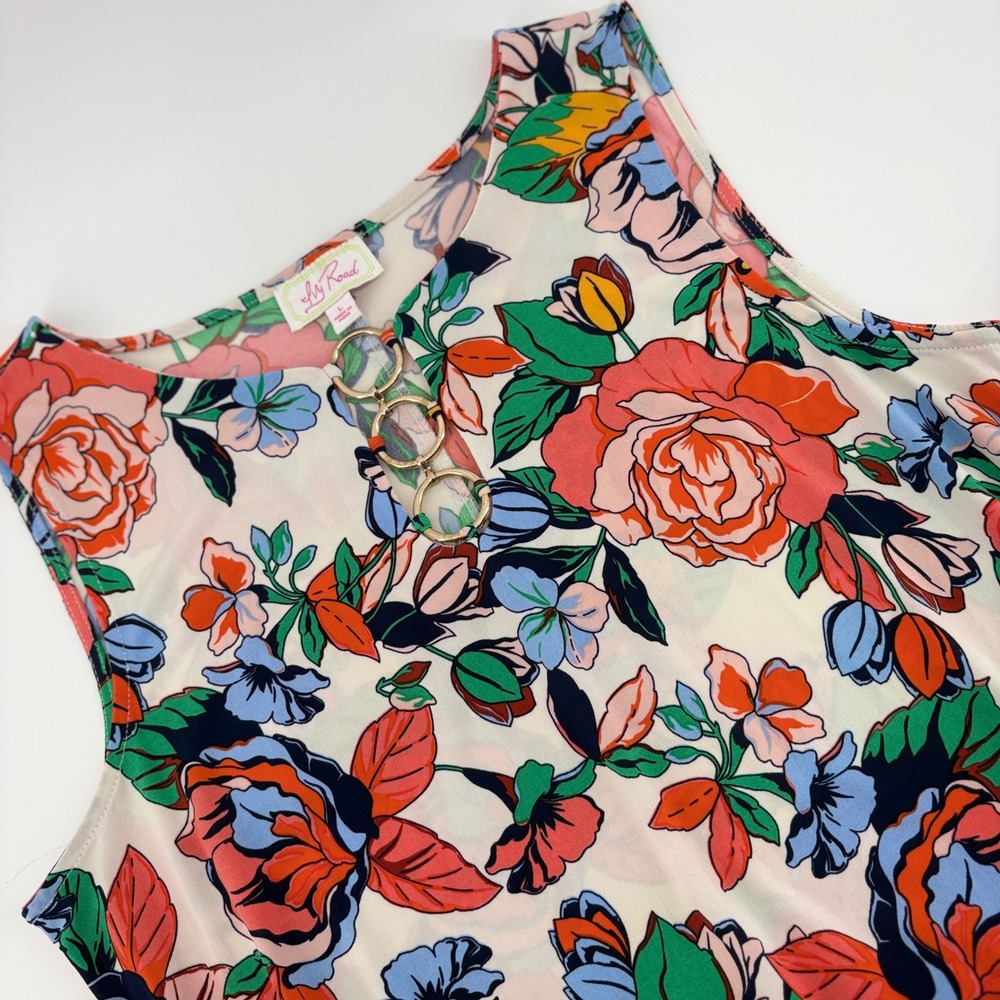 Ivy Road Floral Sleeveless Shift Dress Size‎ L Cream Pink Gold Ring Keyhole